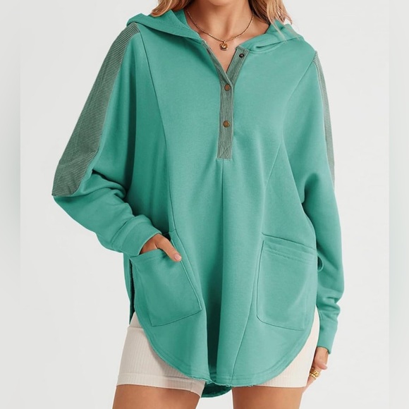 NWOT Women’s Oversized Sweatshirt Corduroy Patchwork Long Sleeve Hoodie - Picture 3 of 12